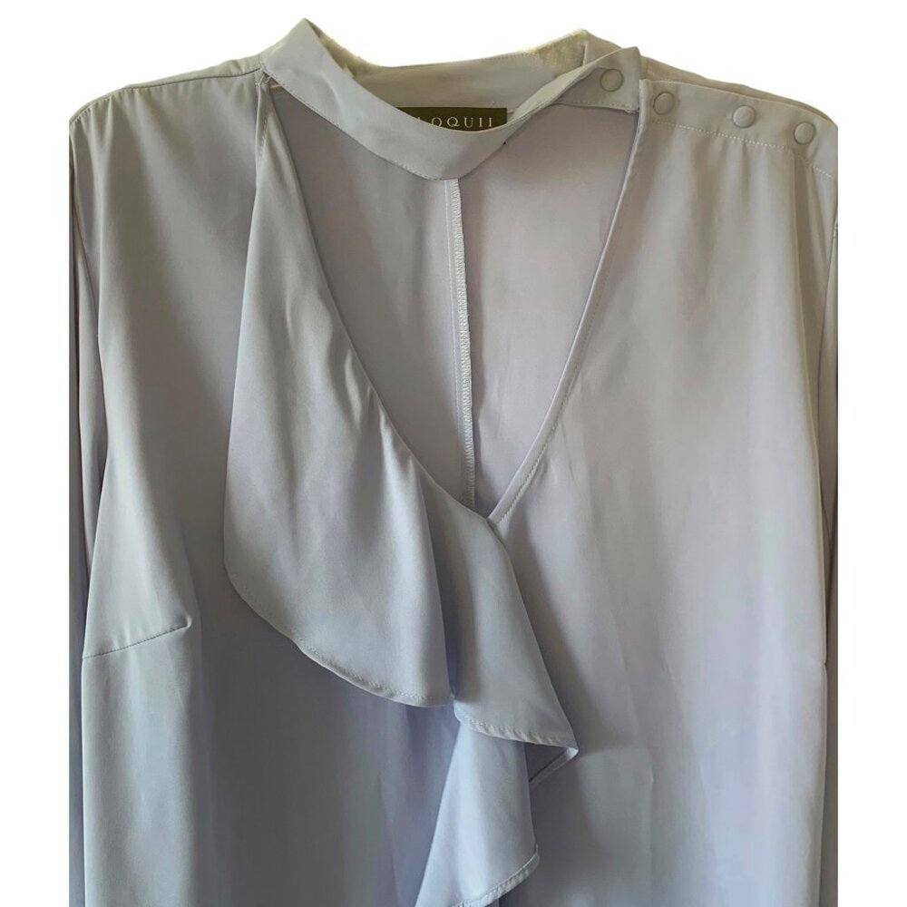 Eloquii Baby Blue Choker-Neck Bell Sleeve Ruffle Front Women's Blouse Size 18 - Picture 2 of 7